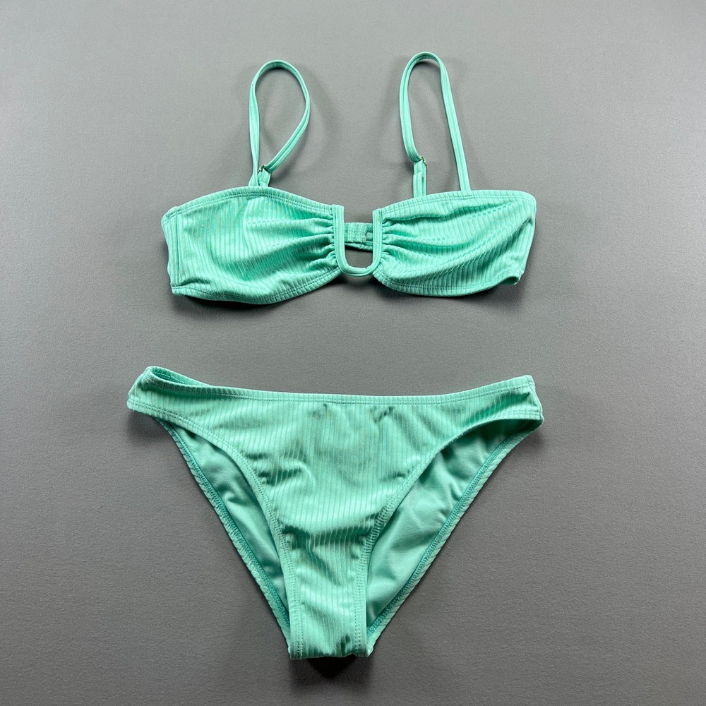 Blue Bikini Set Two Piece Womens Small Mint Green Ribbed Knit Adjustable Straps